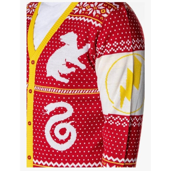 Harry Potter Hogwarts Houses Christmas Cardigan Sweater Red & Yellow Crest Large - Picture 4 of 8